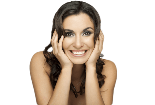 woman holding her face smiling